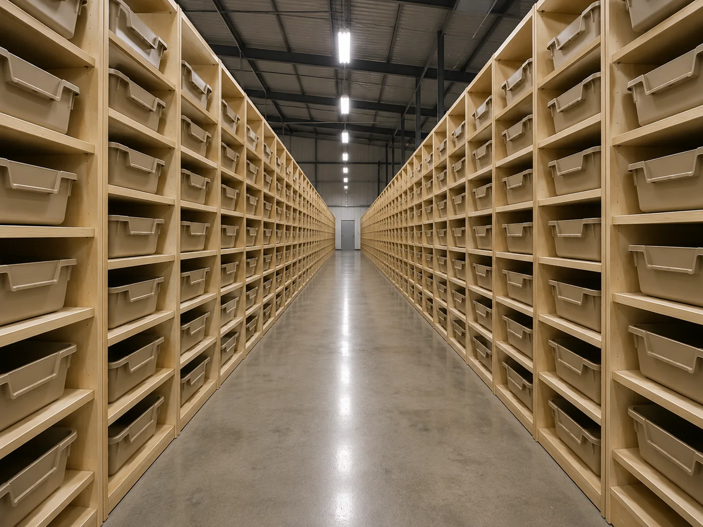 Sistema verticalizado · corredor entre prateleiras modulares com 65 bandejas por módulo (5 torres × 13 níveis)